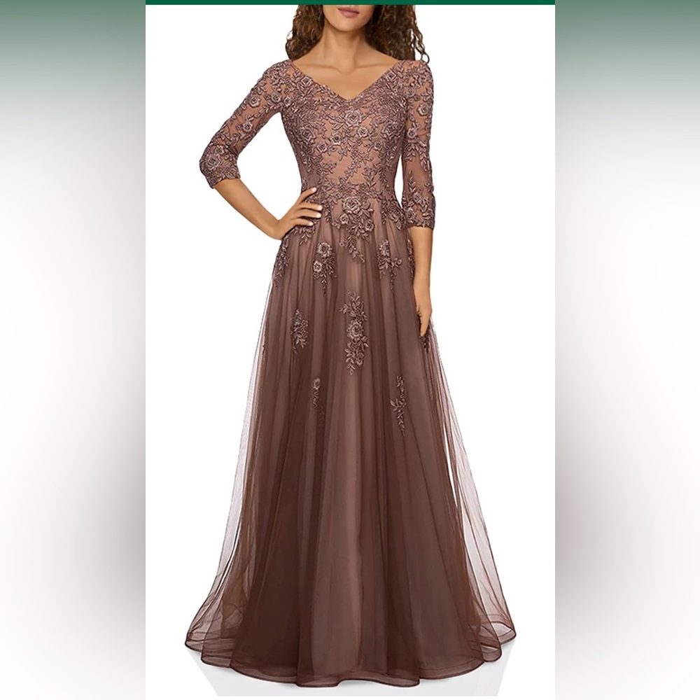 Elegant V-Neck Embroidered Maxi Dress in Taupe
